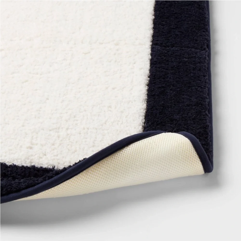 THRESHOLD NEW fluffy border memory foam bath rug -white/navy